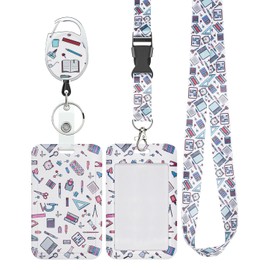 Uniclife Fashionable Sliding Badge Holder Stationery Pattern Plastic Case with Retractable Badge Reel Carabiner Clip & Detachable Lanyard Strap Vertical Card Protector for Women Nurse Teacher Student