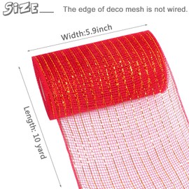 MIKIMIQI Deco Mesh 5.9 Inch x 30 Feet Decor Mesh Ribbon with Metallic Foil Deco Mesh Wreath Supplies Ribbon Mesh Roll for Spring Wreaths, Swags, Craft, Party Decoration (Red)