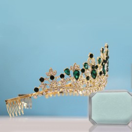 Elegant Tiaras and Crowns for Women Green Rhinestones Birthday Formal Dinner Party Headbans,Gold Green