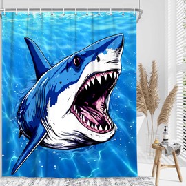 BATRUG Great White Shark Shower Curtain, Blue Sea Water Ocean Shark Theme Bath Curtain Set, Great White Shark Interior Decoration Shower Curtain with 12PCS Hooks, 70X70IN
