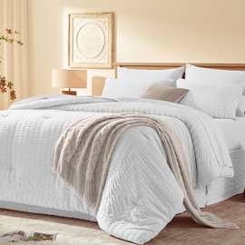 Laojin Balhen Twin Comforter Set 6 Pieces, Seersucker Bed in a Bag Twin, White Comforter with Sheets, Comforters Twin Size Bedding Sets with Comforter, Sheets, Pillowcase & Sham and Bed Skirt
