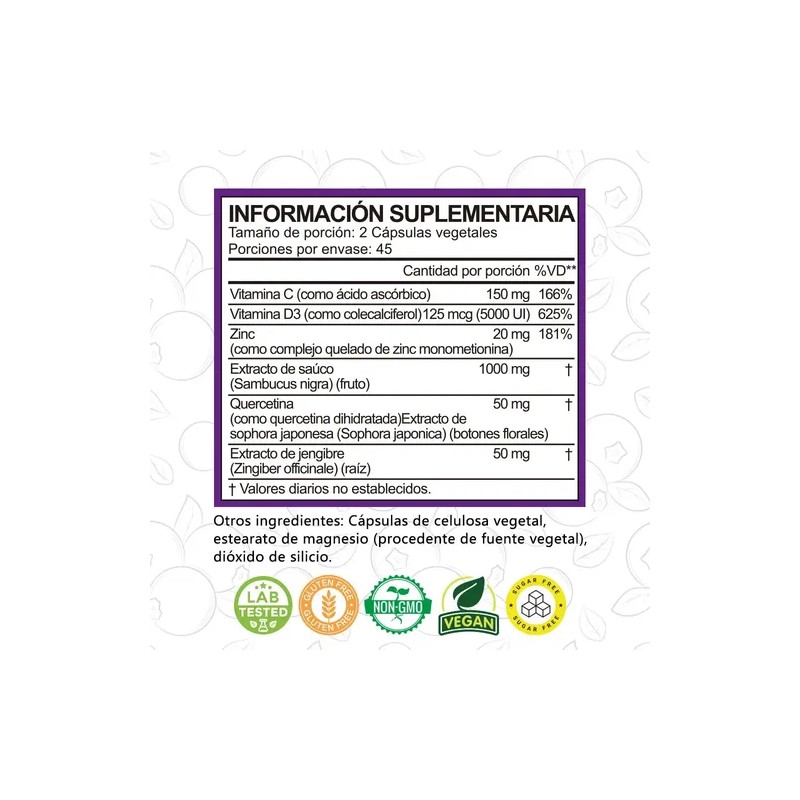 Gwynne Sambucus Suplemento Cápsulas Extracto Sauco 1000mg Vitamina Zinc Quercetina