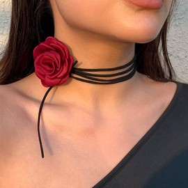 Resweky Red Retro Rose Flower Clavicle Necklace Black Velvet Choker Necklace Satin Flower Collar Necklace Adjustable Jewellery for Women and Girls Adjustable Jewellery for Women and Girls, Glass,