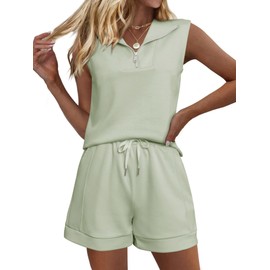 Glamaker Women's Two Piece Short Sets Summer Lounge Sweatsuits Air Essentials Sleeveless Outfits Travel Tracksuit, Sage Green, Small
