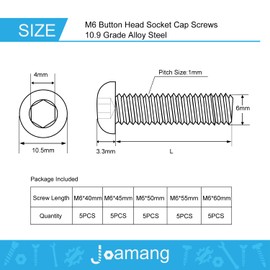 Joamang M6 x 40mm 45mm 50mm 55mm 60mm Button Head Socket Cap Screws Bolts, 10.9 Grade Alloy Steel, Black Oxide Finish, Metric Allen Hex Drive, Fully Threaded, Assortment Kit 25Pcs