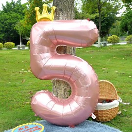40 Inch Light Pink Number 5 Balloons With Crown, Large Foil Helium Birthday Balloons, 5th Birthday Decorations. (Light pink 5)