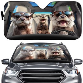 Funny Otter Family Car Front Windshield Sun Shade, Cool Otter Driver Auto Sunshade Visor Shield Cover Vehicle Accessories, Animal Car SUV Truck Uv Blocks Rays Sun Visor Protector