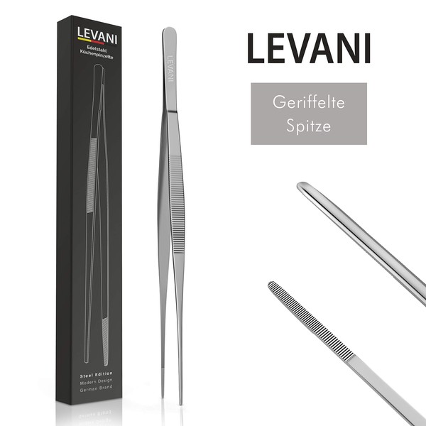 Levani® Cooking Tweezers 30 cm – Steel Edition – Universal Long Tweezers Made of High-Quality and Rustproof Stainless Steel – Meat Tongs with Ribbed Handles – Stainless Steel Kitchen Tweezers