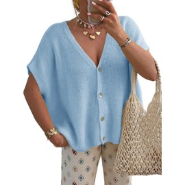 Saodimallsu Womens Summer Oversized Cardigans Batwing Short Sleeve Lightweight Button V Neck Casual Knit Sweater Tops