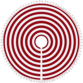 MACTING Christmas Tree Skirt, 24 Inches Red and White Stripes Tree Mat with Small Pom Poms Edge for Xmas Tree Christmas Decoration