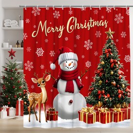 MSAYNFG Christmas Snowman Shower Curtain Red Xmas Trees Deer Winter Snowflake Snow Happy New Year Fabric Bathroom Home Decor with Hooks(70" Wx70 H)