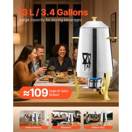 VEVOR Stainless Steel Beverage Dispenser, 3.4 Gallon Drink Dispenser with Alcohol Burner, Hot & Cold Drink Dispensers with Spigot for Coffee Tea Hot Water, Ideal for Restaurants, Hotels, Parties