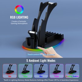 JDDWIN RGB Gaming Controller Holder, Headphone Stand with 5 RGB Lights Modes, Gaming Organizers and Storage with USB Charging and Type-C Suitable with All Headset & Remote Control & Game Discs (Black)