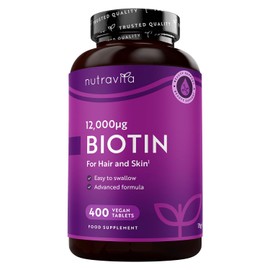 Nutravita Biotin Hair Growth Supplement 12000mcg - 400 Vegan High Strength Biotin Tablets (1+ Year Supply) - High Absorption Vitamin B7 Biotin Tablets for Hair - Supports Skin & Hair Growth - Nutravita