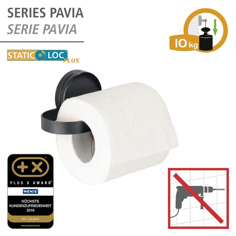 Static-Loc® Plus Pavia Toilet Roll Holder Black No Drilling Required