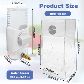 PINVNBY No Mess Bird Feeder & Water Dispenser Set Automatic Parrot Feeder Transparent Food Container Drinker Parakeet Cage Accessories for Cockatiel Budgie Lovebird Finch (White)