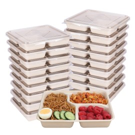 JAYEEY 37 OZ Sugarcane Fiber 3 Compartments disposable plates with Lids Plant Fibers 25 pack