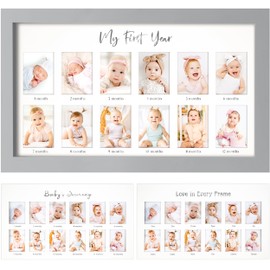 My First Year Photo Frame,12 Months Baby Picture Frame for Newborn Girl, Boy-Baby Shower Gifts Keepsakes,Monthly Baby's One Year Birthday Milestone,1st Nursery Photo Collage Display Board (Cloud Gray)