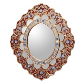 NOVICA Artisan Handmade Mirror Unique Reverse Painted Glass from Peru Red Woodglass Wall Decor Mirrors Floral Traditional [Frame 22.75in H x 19.75in W x 0.4in D Mirror 8.25in W x 11in H] ' Golden