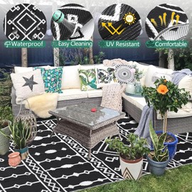 GarveeLife Outdoor Rug for Patio, 8x10FT Reversible Plastic Straw Rug, Large Floor Mat for Outdoors, Bohemian Outside Carpet for Patios, Balcony, and Deck, Black & White