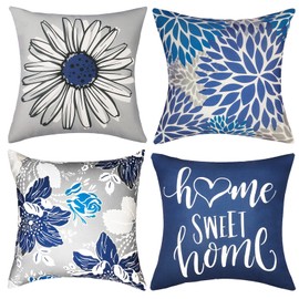 RYSMIYOU Decorative Throw Pillow Covers 20x20 Inch Pillow Covers Set of 4 Blue Pillow Cover Linen Square Pillow case,Farmhouse Throw Pillow Cover Outdoor Pillow Covers for Couch Sofa Living Room