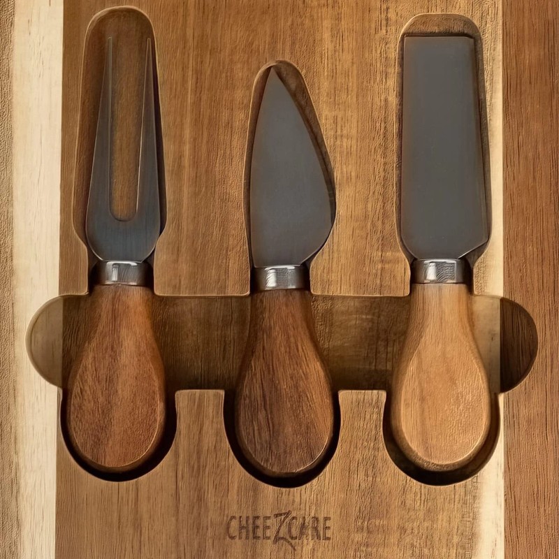Cheezcare White Marble Cheese Board - Acacia Wood - 3-Knife