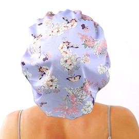 greatremy Satin Braid Bonnet Double Layer Sleep Cap Scruchie, Silky Night Hat Large Bonnet for Women Curly, Long Natural Hair Dreadlocks, Braids, Locs Sleeping (Purple Flowers)