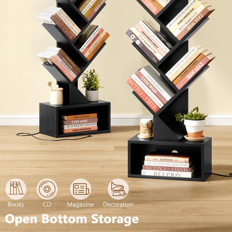 Hoctieon 6 Tier Tree Bookshelf, Tall Bookcase with Drawer, Freestanding