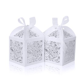 DOYIDE 50pcs Laser Cut Favor boxes, Wedding Favors Candy Boxes with Ribbons and Tags, Small Gift Boxes for Wedding,Party,Baby Shower,Bridal Shower (50-2x2x2.76, White)