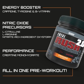 Weider Total Rush 2.0 (375g) Orange Flavour. All-in-one Fusion Force Pre-Workout Booster, with Creatine, Amino Acids, Caffeine, Inca Wheat Extract, Vitamins and Minerals; with Oxystorm and Glutapep