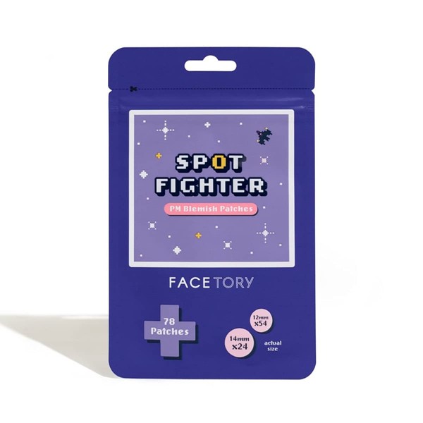 FaceTory PM Spot Fighter Acne Blemish Patches- for Pimples, Spot Treating and Acne Absorbing for Overnight/Nighttime, 78 Hydrocolloid Patches, 2 Sizes 12mm and 14mm