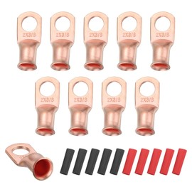 MECCANIXITY 10pcs 2 AWG M10 Battery Lugs Ring Terminals, 3/8" 10mm Stud Crimp Wire Terminal Connector End Copper, 2:1 Heat Shrink Tubing, Gold