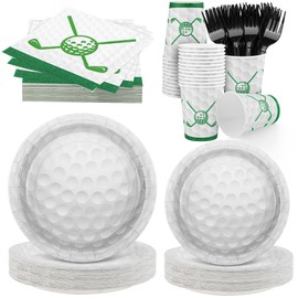 durony 144 Pieces Golf Paper Plates and Napkins Dinnerware Set Golf Birthday Party Tableware Supplies Includes Paper Plates Napkins Forks Serve 24 for Sports Golf Party Supplies