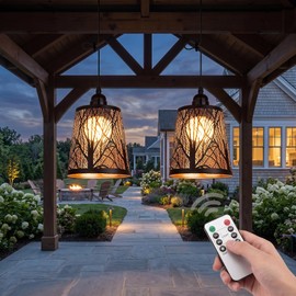 AVAMERY Battery Operated Chandelier with Remote, IP44 Waterproof Outdoor Pendant Light, No Wiring Needed Gazebo Lights for Porch, Patio, Balcony, Pergola, Shed, Home Decor (Tree Pattern)