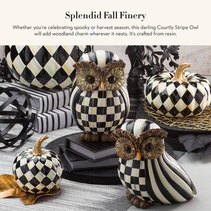 MACKENZIE-CHILDS Owl, Fall Owl Decor for Home, Black-and-White Courtly Stripe