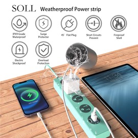 SOLL IPX9 Outdoor Power Strip Weatherproof, Surge Protector Power Strip with 3 Outlet and 3 USB Charging Ports(2 USB C), 6FT Extension Cord for Patio, Garden, Bathroom, Kitchen, Garage, Office