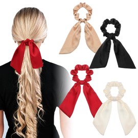 Mabor 4 Pcs Bow Hair Scrunchie Hair Scarf Knotted with Tail Scrunchies Elastic Hair Ties Scarf Ponytail Holder for Women and Girls