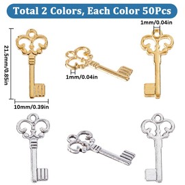SUNNYCLUE 1 Box of 100 Metal Keyrings Silver Skeleton Key Chain Mini Small Alloy Golden Vintage Love Valentine's Day Charm Bulk for Jewellery Making Charms Women DIY Necklace