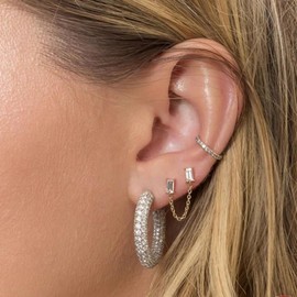 CZ Stud With Chain Double Piercing Earrings for Women Cartilage Two Holes Cuff Wrap Fashion Cubic Zirconia Wedding Minimalist Climber Crawler Threader Dangle Drop Hypoallergenic Gifts Xmas Anniversary (Clear)