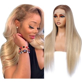 ORIGEN Ombre Medium Brown Lace Front Wigs with Baby Hair for Black Women Human Hair Pre Plucked 13x6 Lace Frontal Glueless Wig Dark Roots to Ash Blonde Mixed Light Blonde Color 180% Density 26 Inch