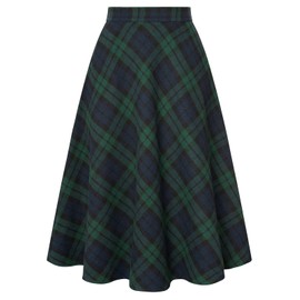 Belle Poque Women Green Tartan Midi Skirt with Pockets Flared Business Casual Christmas Party Wear Green Blue Plaid 2XL