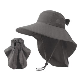 HIQIU Women's Sun Protection Sun Hat with Neck Protection Wide Brim Ponytail Hole Mesh Summer Hat Foldable Outdoor Garden Hat, darkgray