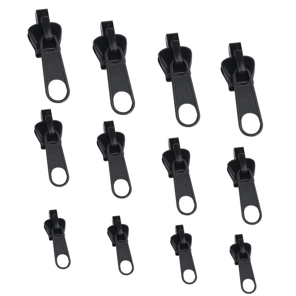 Pack of 12 Zip Replacement, Removable Zip Zipper Pull Fixer Zip Replacement Slider for Jackets Zip Repair Kit Suitcase Backpacks (Black)