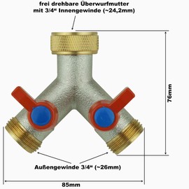 Y-Splitter 3/4 Inch with Shut-off Valves for Connecting 2 Appliances SbS Refrigerator, Washing Machine 2-Way Valve + Adapter 3/4 Inch Female to 1/4 Inch Male Thread Water Hose