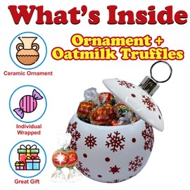 Christmas Chocolate Candy Filled Gift Box, Snowflake Ornament Glitter Ceramic Holiday Candy Dish with Red and Green Wrapped Oatmilk Non-Dairy Chocolate Truffles, Christmas Treat Basket Gift and Table Centerpiece Decor