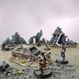 War World Gaming War Torn City Zerstörte Gebäude Set von 3 mit Beschädigtem Auto - 28mm Sci-Fi Terrain Tabletop Gelände Geländebau Modellbau Post-Apokalyptisch