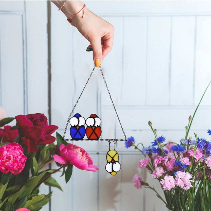Multicoloured Owl on a Wire Stained Glass Window Hanging, So