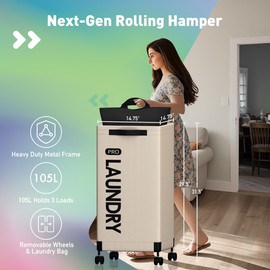 Caroeas Next-Gen 105L Matel Frame Laundry Basket with wheels, Heavy Duty Tall Rolling Laundry Hamper with Removable Wash Bag, Collapsible Freestanding Clothes Hamper (100L,Beige,2Pack)