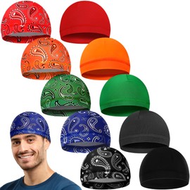 Tarpop 10 Pcs Men Cooling Skull Caps Welding Hard Helmet Liner Cycling Skull Caps Wicking Beanie Do Rag Head Wrap for Men(Solid Color + Cashew Pattern Style)