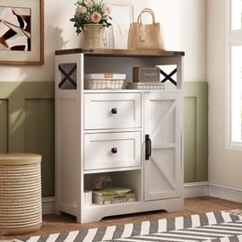 Fameill White Farmhouse Storage Cabinet with 2 Drawers & Shelves,Freestanding Storage Cabinet with Doors & Open Storage,Floor Storage Cabinet for Living Room,Bathroom,Kitchen,Laundry